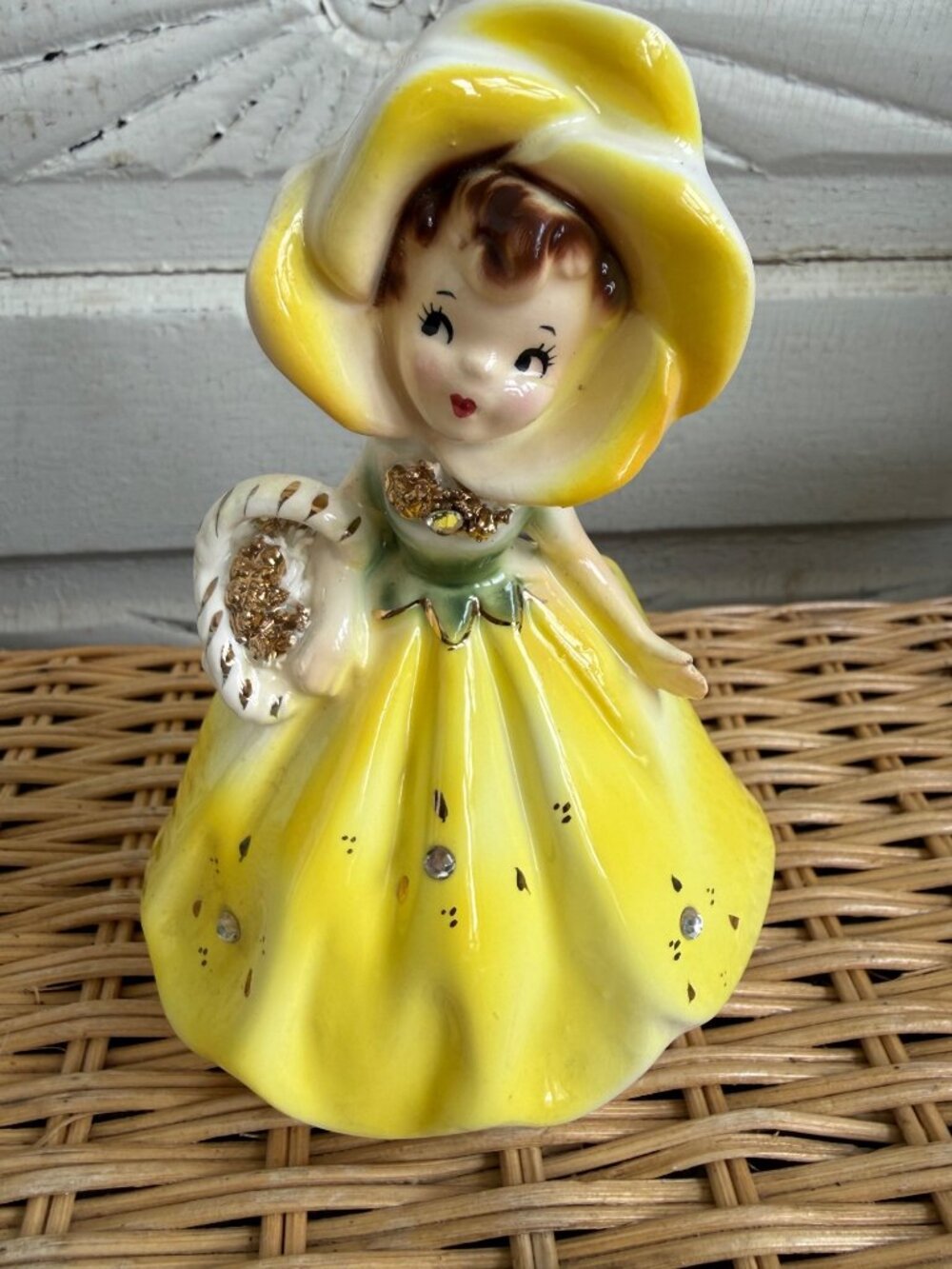 Vintage 50s Enesco Anthropomorphic Yellow Flower Girl Planter Rhinestones